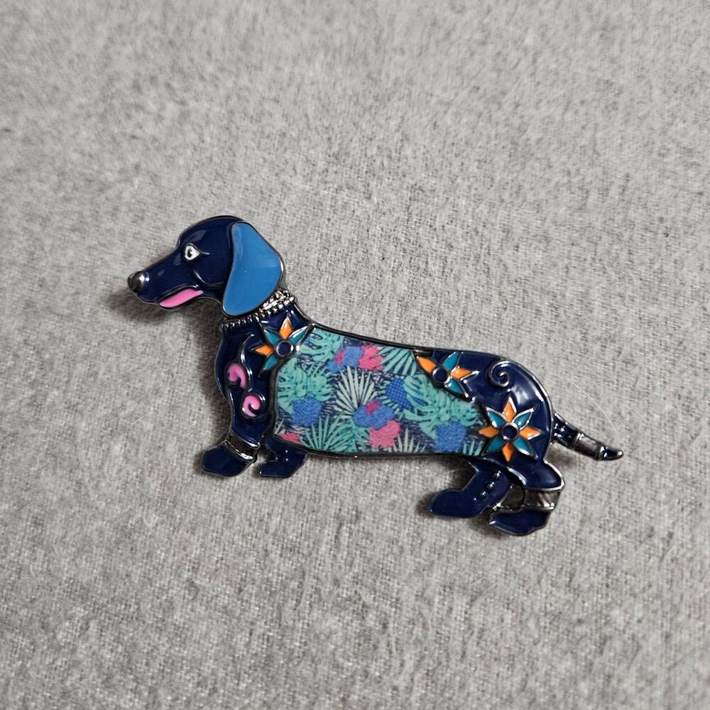 Fashion Jewelry Eclectic Blue Multi-Color Enamel Zinc Alloy Dachshund Dog Brooch